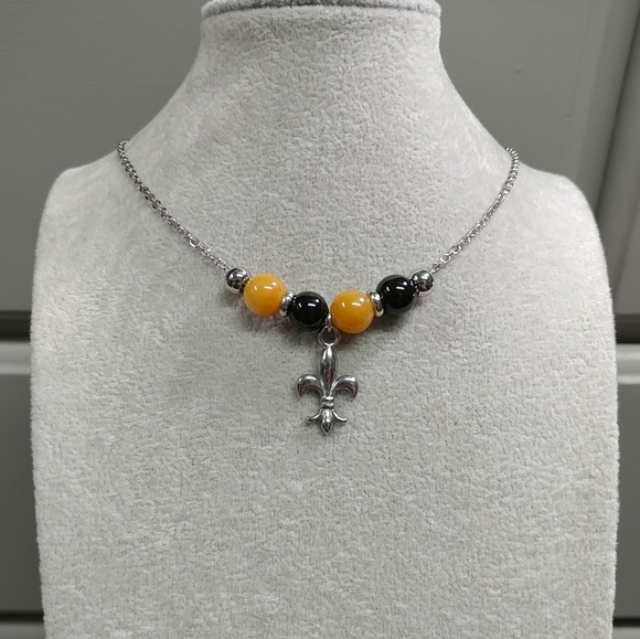 Fleur De Lis Onyx Jade Bead Necklace Natural Gemstone Louisiana Black & Gold - Picture 11 of 11